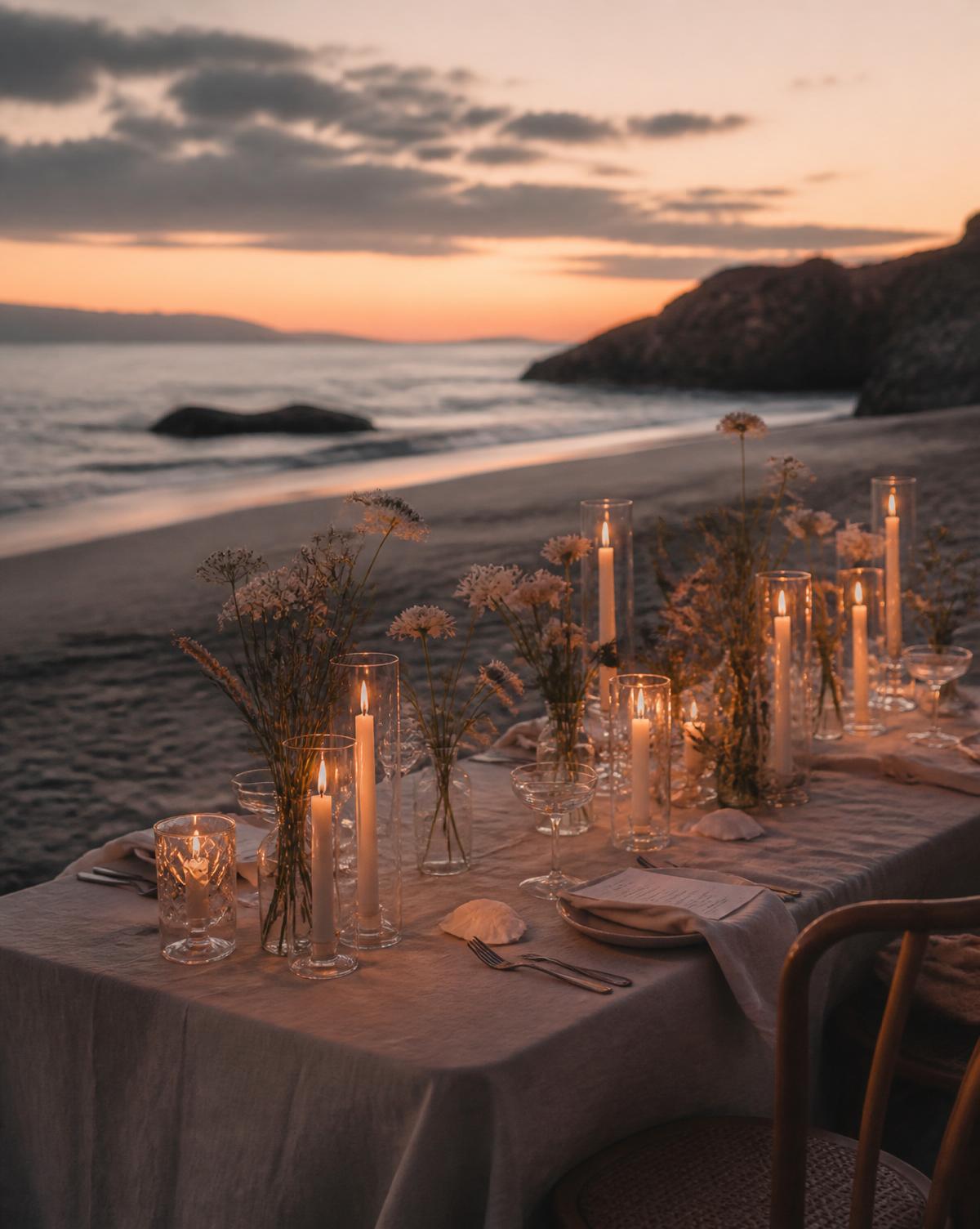 Candlelit beach dinner at dusk