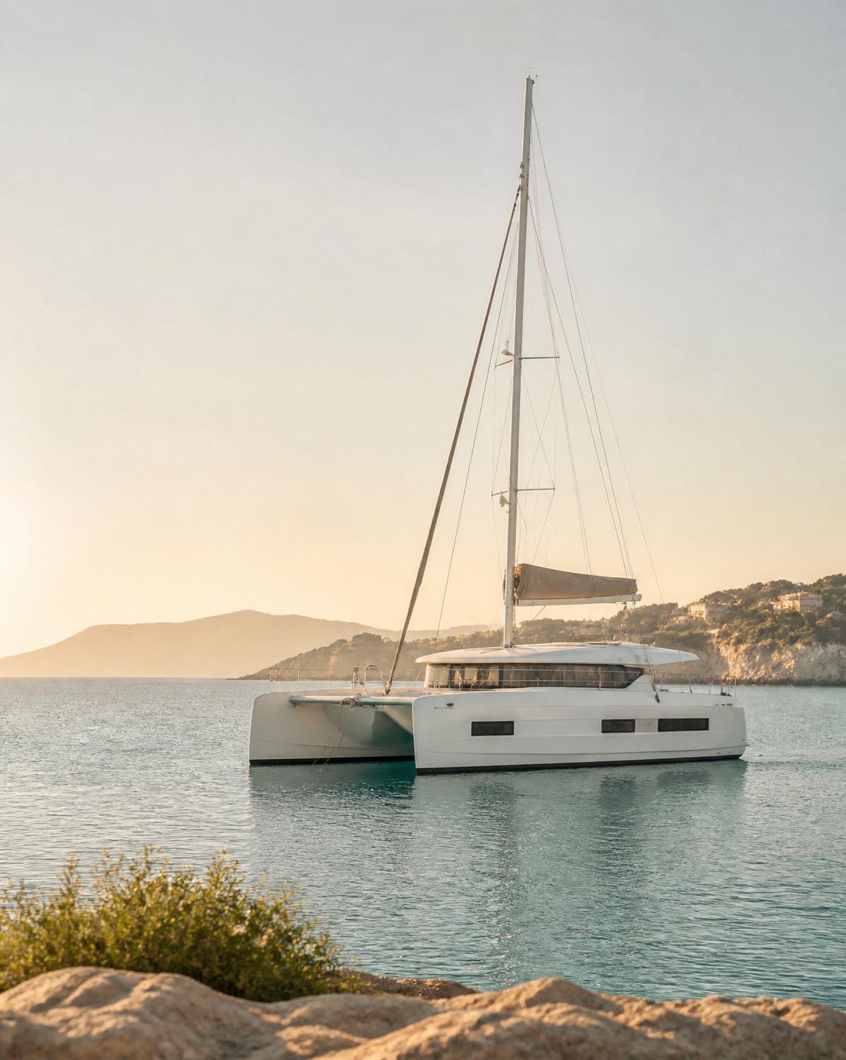 Luxury catamaran anchored in calm Mediterranean waters at golden hour